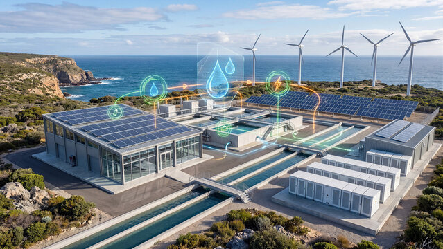 Aerial view of modern coastal water treatment plant with solar panels wind turbines battery storage and holographic icons for water droplet and energy showcasing sustainable renewable technology infra