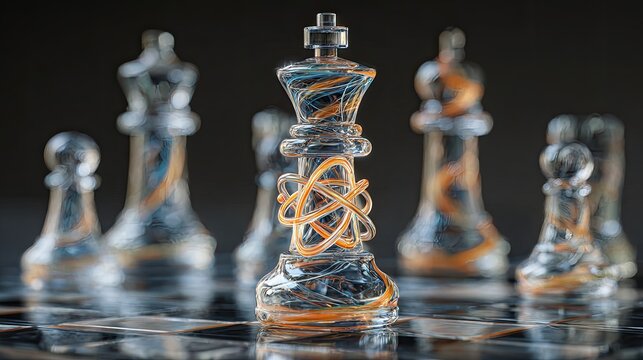 Artistic glass chess pieces with swirling orange and blue patterns