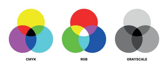 CMYK RGB grayscale comparison diagram showing additive and subtractive color models with overlapping circles, modern educational illustration for printing, digital media, graphic design training © SpainArts