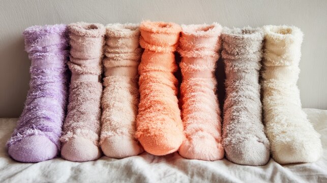 Row of seven cozy, plush slipper socks displayed side by side in various pastel shades