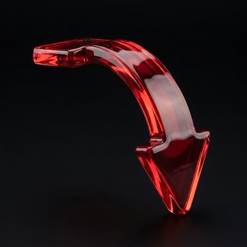 Bright red downward curving arrow symbolizing decline loss negative trends on black background downward decrease direction recession business financial negative isolated abstract