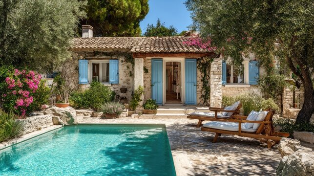Charming stone cottage with blue shutters and inviting pool
