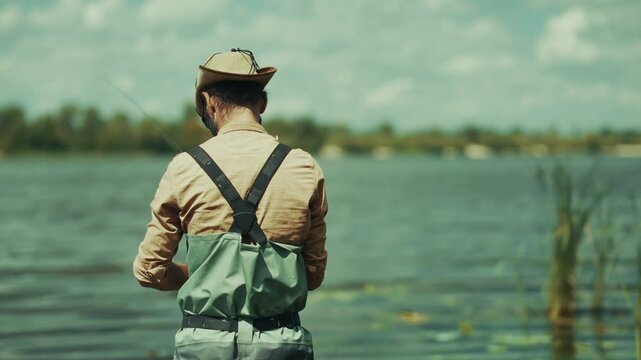 Fisherman Stands In Water Holding Fishing Rod and Catching Fish In River. Enjoying Active Weekend.  Hobby and Leisure 