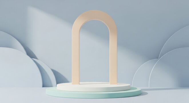 Abstract archway podium with pastel layered background and soft shadows, abstract