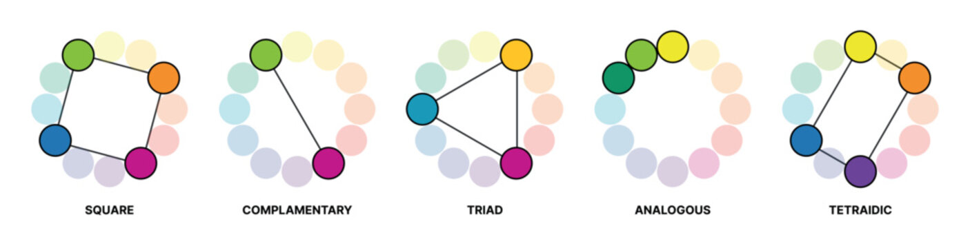 Soft pastel color harmony examples featuring square, complementary, triad, analogous and tetradic combinations for creative branding, web interfaces, artistic inspiration and educational design ideas