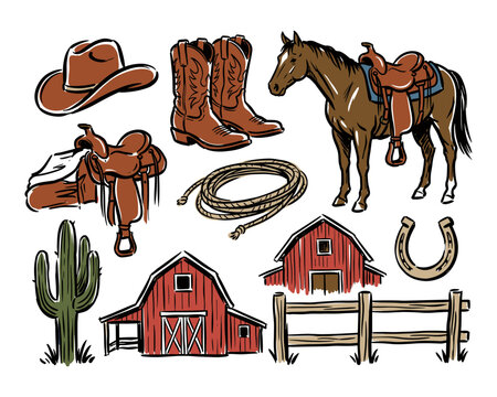 Cowboy western vintage artwork. Farm horse with saddle and barn. Retro rodeo graphic print. Texas country lifestyle design. Western apparel design.