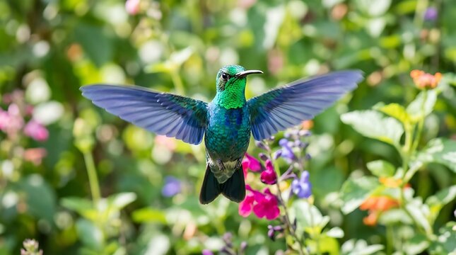 Emerald green hummingbird with blue wings hovering near colorful flowers flying
