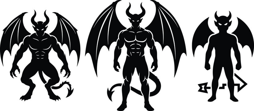 Silhouette Illustration Set of Demons and Devils with Muscular Bodies, Horns, and Bat Wings for Fantasy, Games, Apps, and Digital Designs