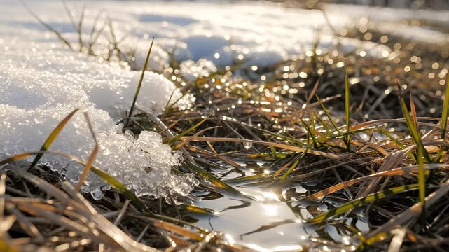 Melting Snow and Ice on Grass in Early Spring Sunlight.