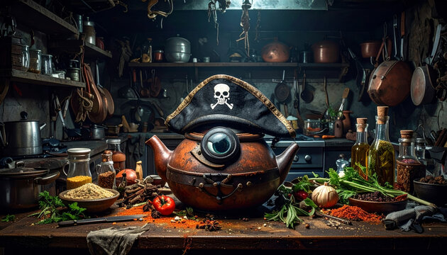 A steampunk pirate teapot with an eye patch sits in a rustic kitchen amidst spices and ingredients