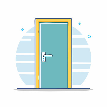 Illustration of a closed teal door with a yellow frame