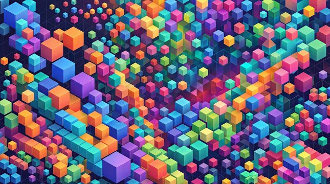 Opened ingredientA vibrant and dynamic background texture composed of countless tightly packed isometric 3D cubes in a diverse array of colors including orange, green, blue, pink, and yellow. This abs