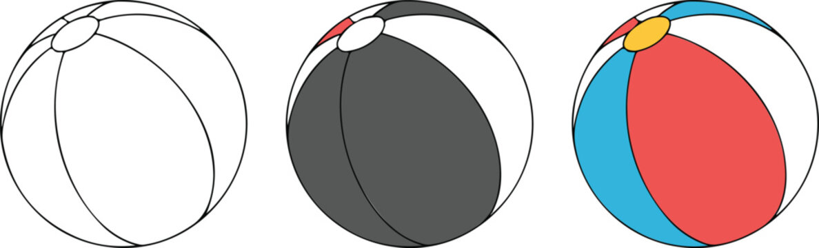 Minimalist beach ball set featuring outline grayscale and colorful summer inflatable toy variations isolated on white background