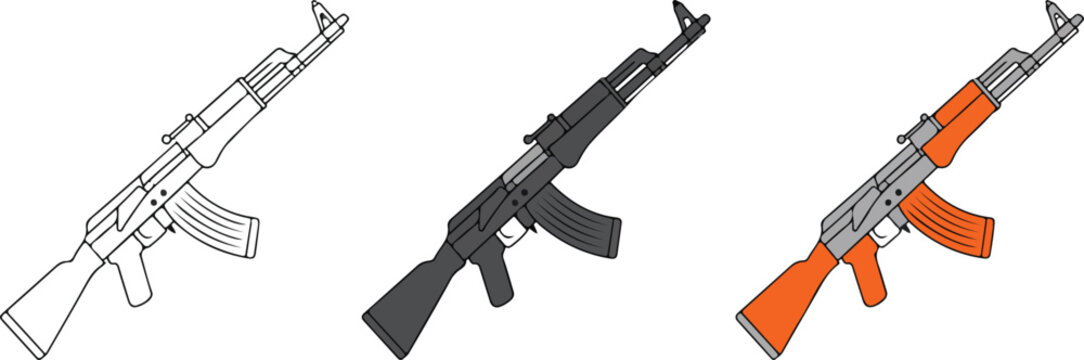 Minimalist vector illustration of three AK-47 assault rifles in sketch, black and orange isolated weapon design