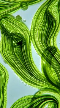 Microscopic view of green algae cells under laboratory conditions.
