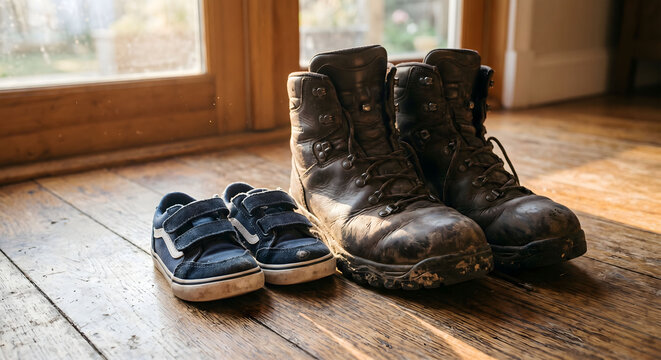 Small childs sneakers next to large muddy work boots for father day