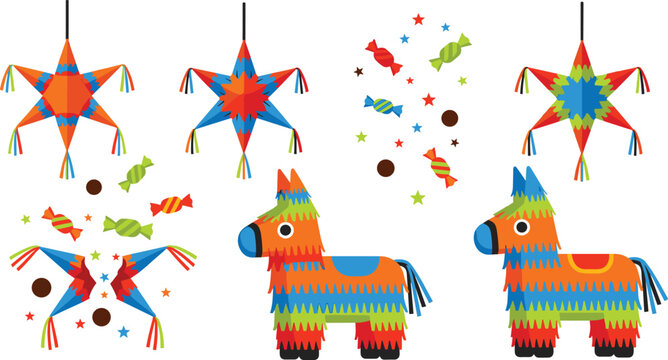 Vector illustration set of traditional Mexican pinatas featuring colorful donkey and star shapes with falling candy sweets and confetti isolated on white background for fiesta.