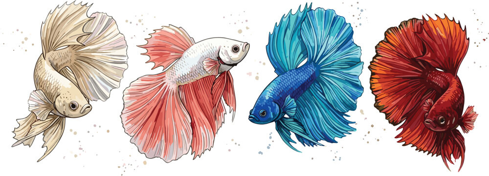Watercolor Betta Fish Illustration Set with Colorful Fighting Fish in Blue, Red, White, and Exotic Patterns for Aquatic, Nature, and Digital Designs