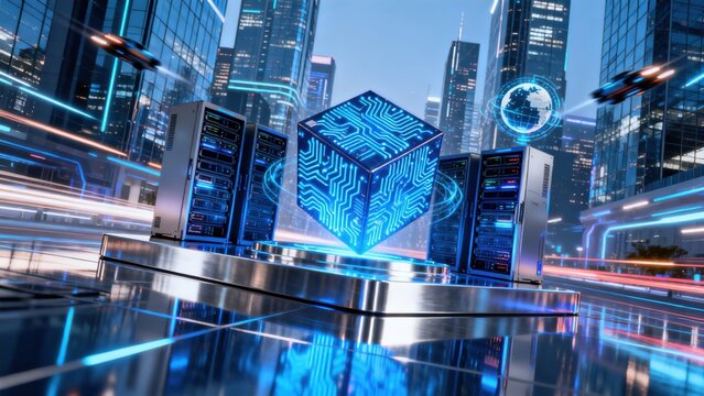 Futuristic server room with glowing cube