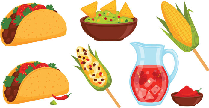 Vector illustration set of traditional Mexican food featuring crispy beef tacos guacamole dip with chips grilled corn pitcher of drink isolated on white background.