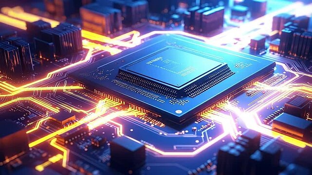 A high performance computer processor on a glowing circuit board