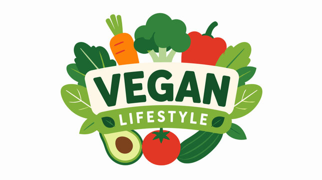 Vegan Lifestyle Logo With Fresh Vegetables And Greens.