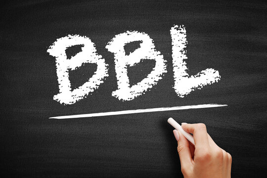 BBL text on a chalkboard, meaning Be Back Later. Hand holding chalk underlines the common acronym used in digital communication to notify others of a temporary break, departure, or return