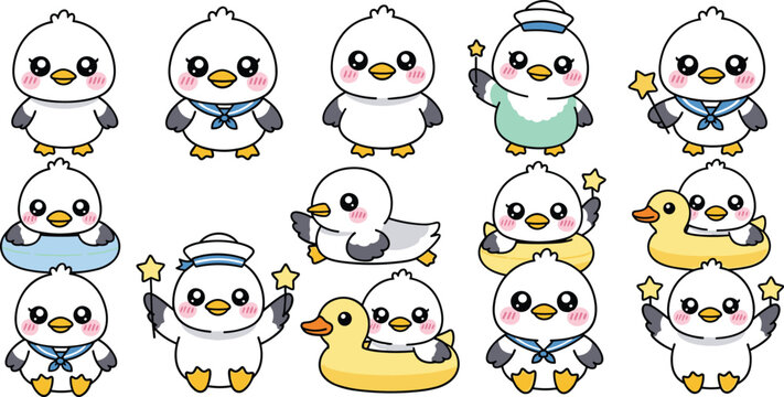 Vector illustration set of cute kawaii cartoon seagull characters wearing sailor collars and hats holding magic stars and floating in rubber duck rings isolated on white background.