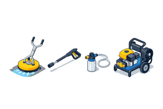 Isometric set of pressure washer equipment and accessories for cleaning tasks