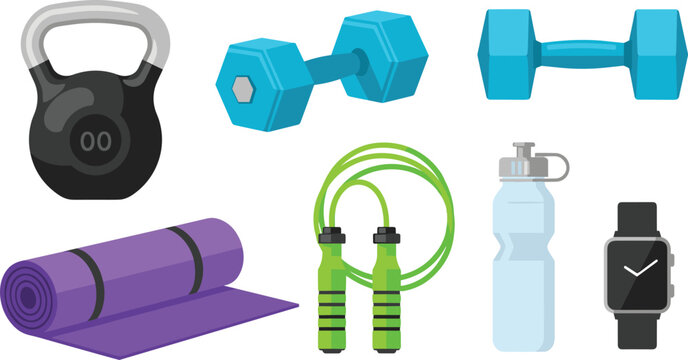Vector illustration of fitness gym equipment set with dumbbells kettlebell yoga mat jump rope smart watch and water bottle isolated on white background.
