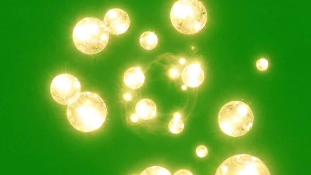 Glowing yellow bubbles, green background, shiny orbs, abstract motion, festive lights