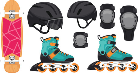 Vector illustration of inline roller skates skateboard black helmets knee and elbow pads protective safety gear set isolated on white background for extreme sports activity. © Suchana