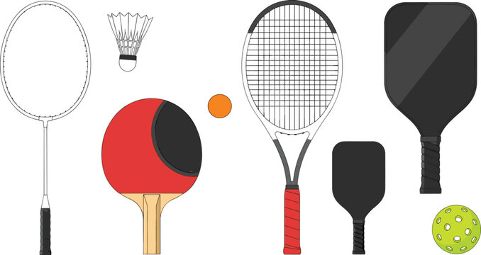 Vector illustration of sports rackets set featuring badminton tennis pickleball and ping pong paddles with shuttlecock and balls isolated on a white background.