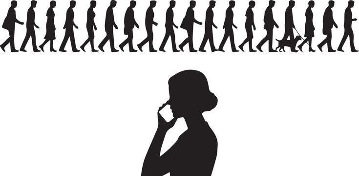Vector silhouettes of a woman calling on a smartphone with a large queue of walking people in the background