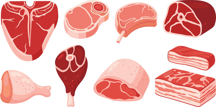 Fresh uncooked butcher meat products vector collection featuring pork ribs beef steak raw chicken legs and pork belly slabs for grocery market food menu design