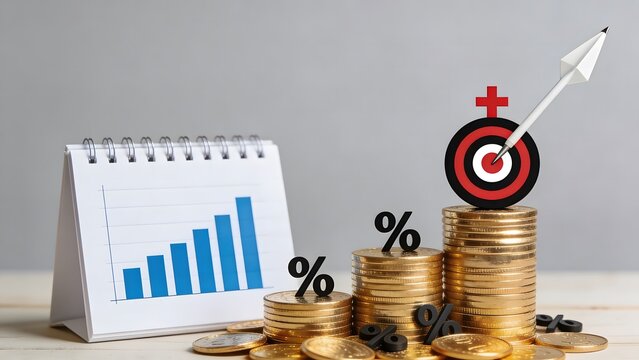 Business finance concept with calendar and gold coins on a table top with a target and percentages