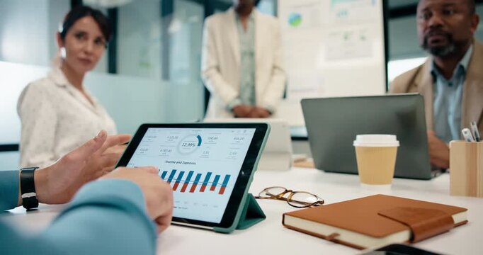 Data analysis, discussion and hands with tablet screen in office, presentation and meeting with team. Business, financial analyst and person with tech for revenue forecast, graphs and collaboration