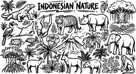 Indonesian Nature Black and White Line Art: Komodo Dragon, Tiger, Elephant, Orangutan, Rhino, Flora  Fauna Stock Illustration © jouleea
