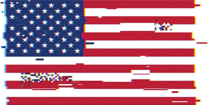 United States flag features a modern digital glitch effect representing dynamic change.