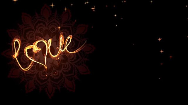 Handwritten Love Word in Glowing Golden Sparkles on Dark Background with Bokeh Lights