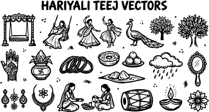 Hariyali Teej Festival Doodle Icons: Hand-drawn Black  White Line Art Vector Set for Indian Culture, Monsoon Celebrations, and Hindu Rituals