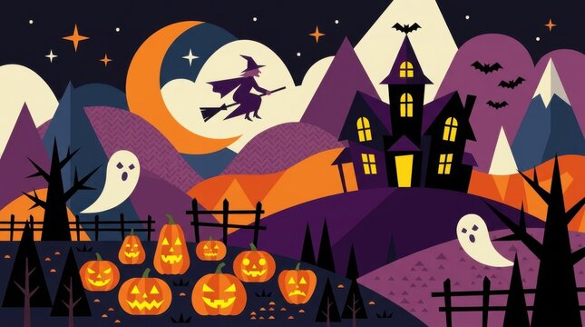 Whimsical Halloween Landscape with Witch, Ghosts, and Pumpkins