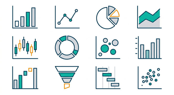 Collection of business and financial charts and graphs icons.