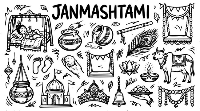 Janmashtami Hindu Festival Line Art Doodle. Black and White Hand-drawn Vector Illustration of Lord Krishna, Cultural Symbols, and Indian Celebration Elements.