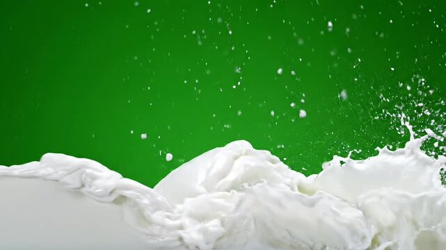 Milk splash, white liquid, green background, dairy product, food and beverage