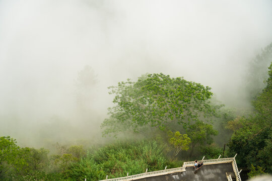 View of lush green forest shrouded in thick white mist from the Ambuluwawa Tower with people on a balcony in Gampola, Central Province, Sri Lanka.