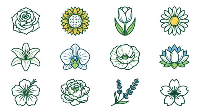 Collection of twelve different flower illustrations in a grid.