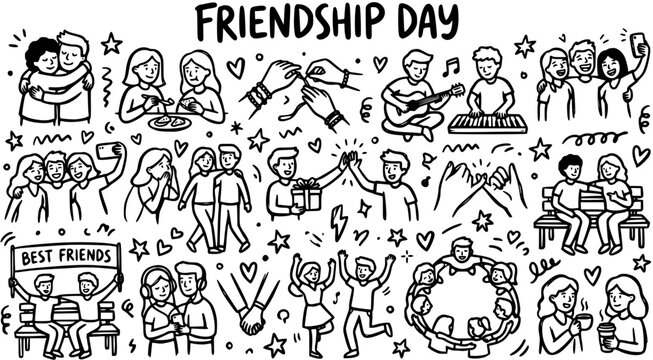 Friendship Day Doodle Line Art Vector Illustration Set with Friends Celebrating, Hugging, and Socializing in Black and White Outline Style