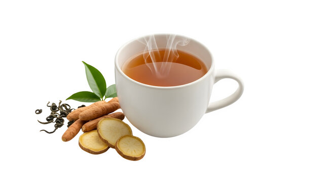 Steaming cup of tea with turmeric slices and leaves on transparent background