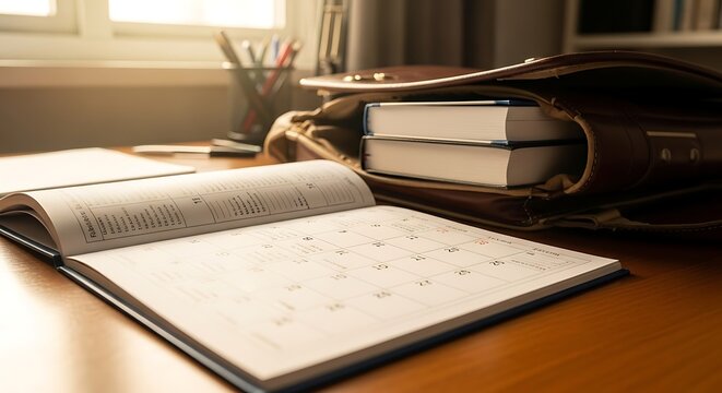 Desk with planner books and bag